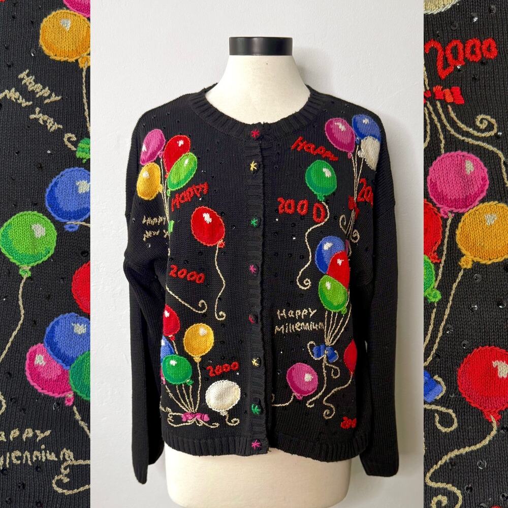 VTG Y2K Heirloom Collectibles Happy New Year Millennium Knit Cardigan Sweater